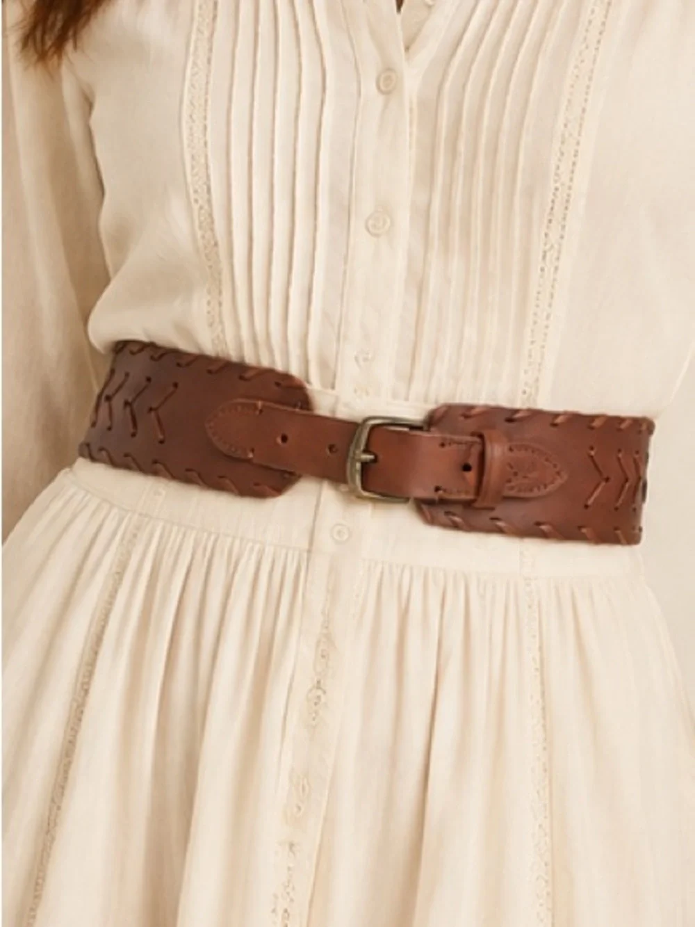 Ralph Lauren Brown Woven Leather Wide Belt Cognac Whipstitch Buckle Western Sz L